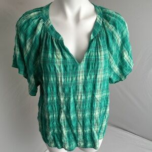 Drew lightweight multicolor green yellow hot pink plaid short sleeve top